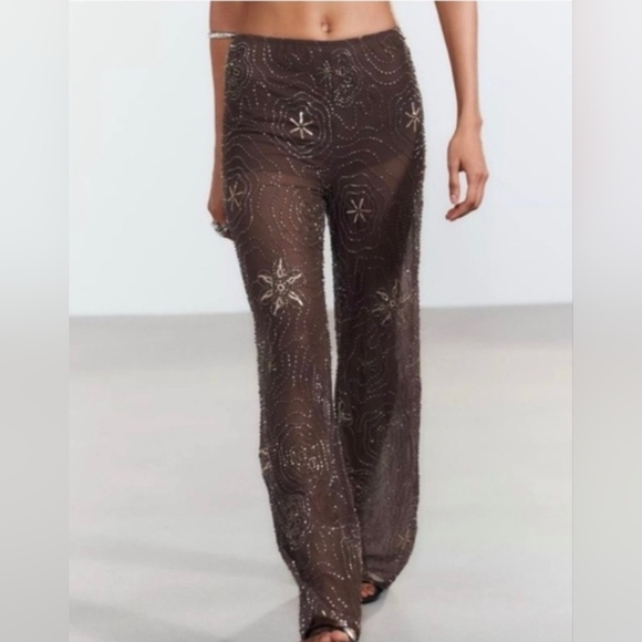 Sz S Zara NWT BEADED SEQUIN PANTS brown Chocolate - Picture 2 of 4
